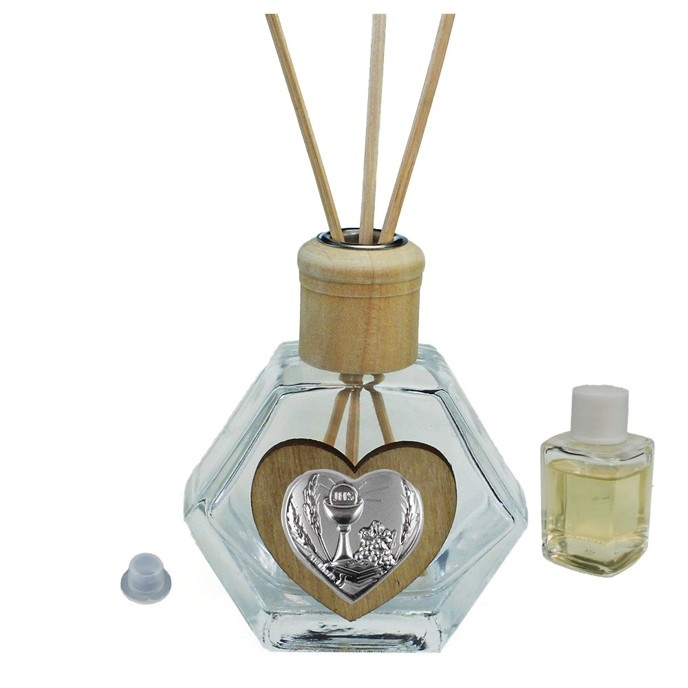 Profumatore Esagonale in Vetro con Cuore Calice della Prima Comunione Diffusore per Ambienti Profumo