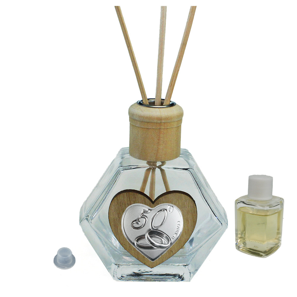 Profumatore Esagonale in Vetro con Cuore Coppia Fedi Nuziali 50 Anniversario D'oro Cinquantesimo Matrimonio Diffusore per Ambienti Profumo