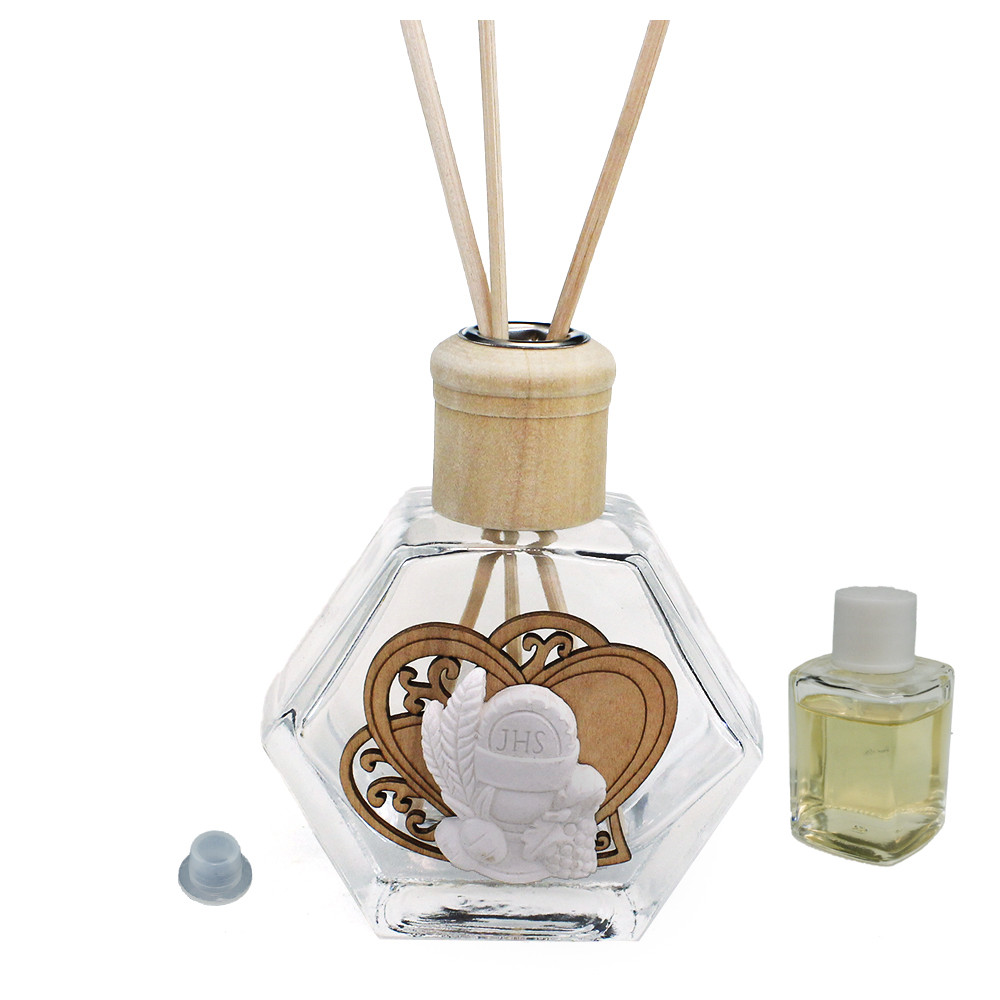Profumatore Esagonale in Vetro con Cuore in Legno e Gessetto Calice della Prima Comunione Diffusore per Ambienti Profumo