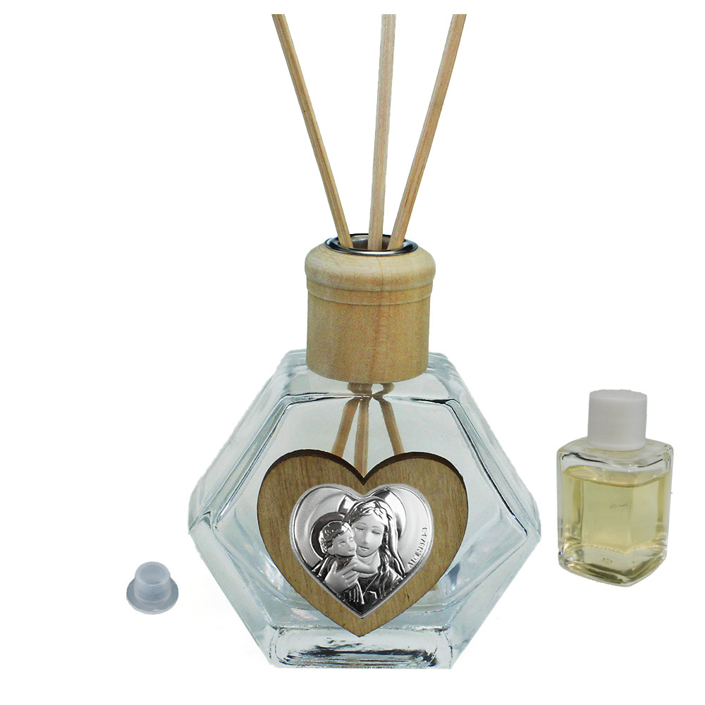 Profumatore Esagonale in Vetro con Cuore Madonna e Bambino Matrimonio Nozze Anniversario Diffusore per Ambienti Profumo