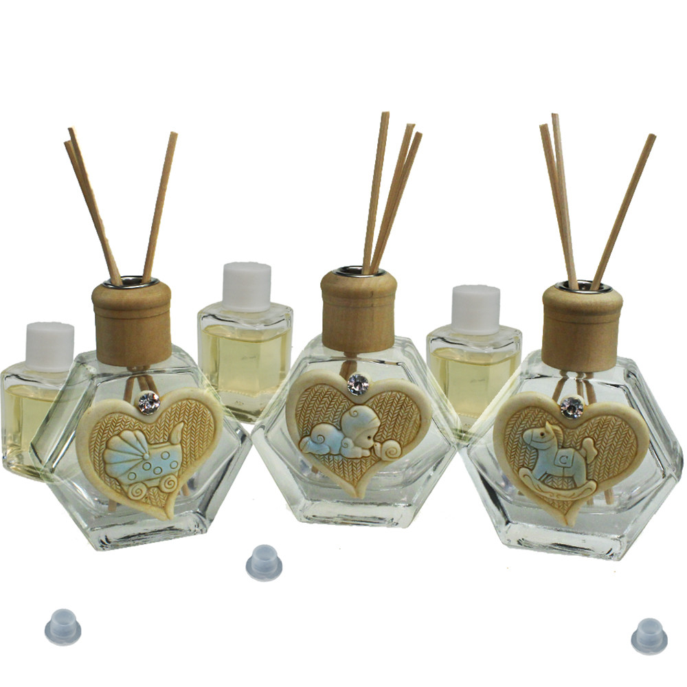 Profumatore Esagonale in Vetro con Cuore Neonata Culla Cavalluccio a Dondolo Bimbo Battesimo Nascita Diffusore per Ambienti Profumo
