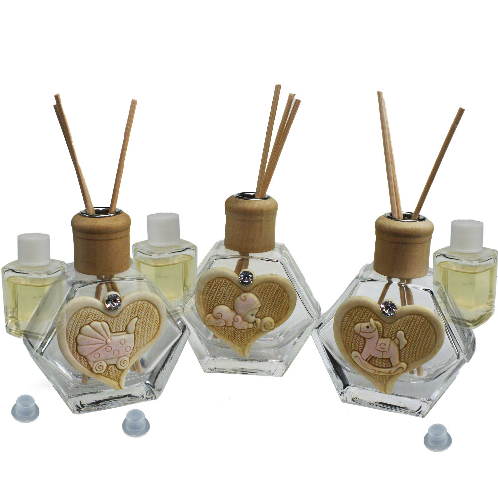 Profumatore Esagonale in Vetro con Cuore Neonato Culla Cavalluccio a Dondolo Bimba Battesimo Nascita Diffusore per Ambienti Profumo