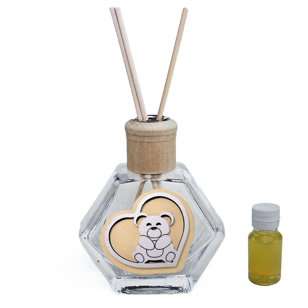 Profumatore Esagonale in Vetro con Cuore Orso Orsetto Nascita Bebè Compleanno Diffusore per Ambienti Profumo