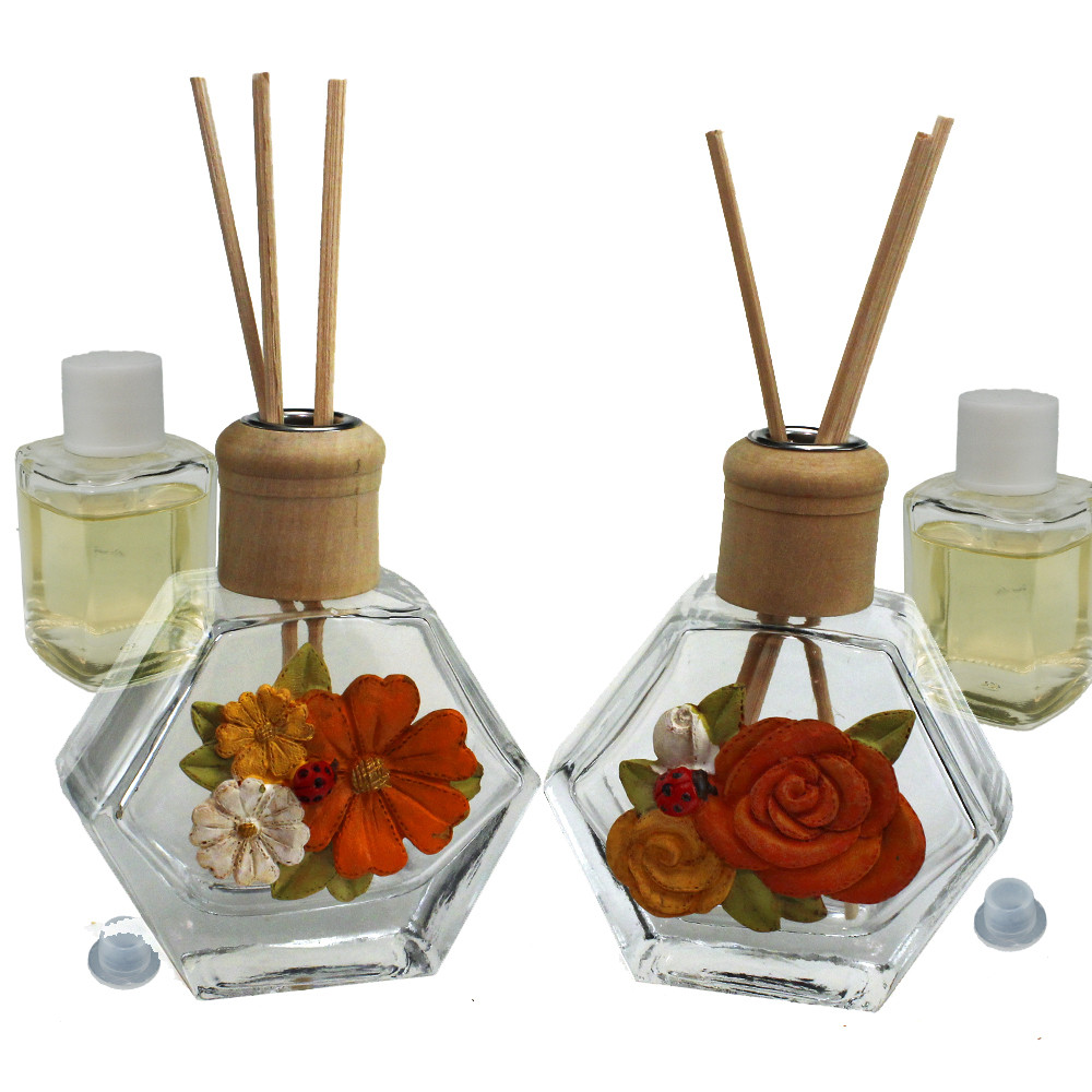 Profumatore Esagonale in Vetro con Fiori Rosa Girasole Nozze Comunione Diffusore per Ambienti Profumo