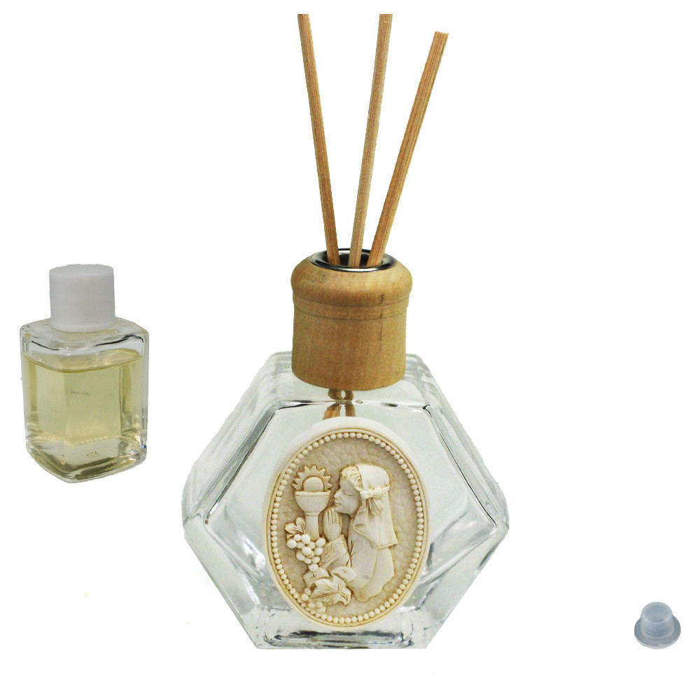 Profumatore Esagonale in Vetro con Icona Medaglione Bimba Calice Prima Comunione Grappolo d'uva Vite Diffusore per Ambienti Profumo