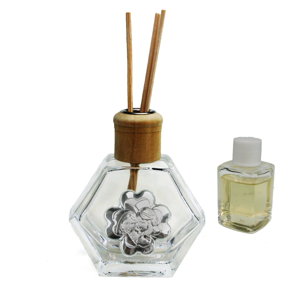 Profumatore Esagonale in Vetro con Quadrifoglio Sacra Famiglia Matrimonio Battesimo Comunione Diffusore per Ambienti Profumo
