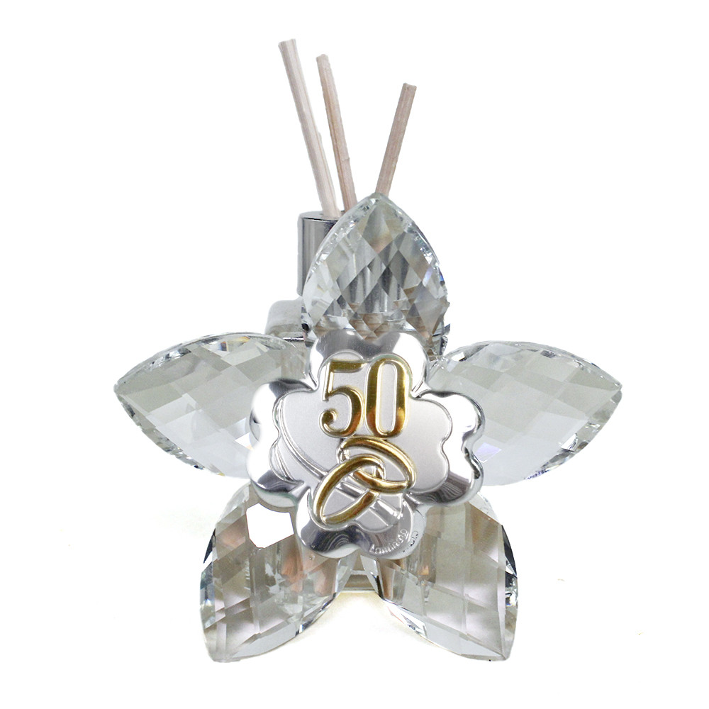 	 Profumatore Fiore 5 petali in Cristallo con Quadrifoglio Coppia Fedi 50 Anniversario Nozze D'oro Cinquantesimo Diffusore per Ambienti Profumo