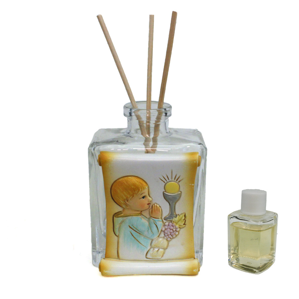 Profumatore in Vetro con Icona Pergamena in resina per Bambino in preghiera Prima Comunione Diffusore per Ambienti Profumo