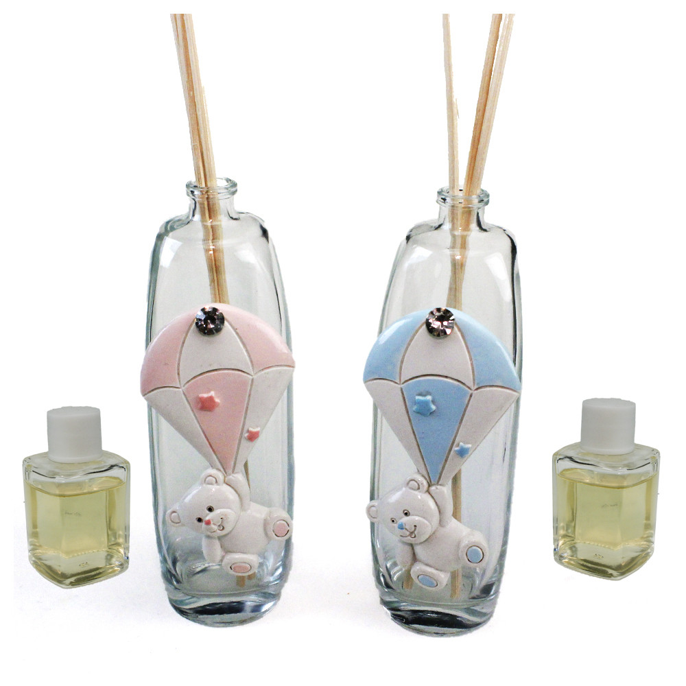 Profumatore in Vetro con Orso Orsetto Orsacchiotto Paracadute con Stelline e Punto Luce Strass Nascita Battesimo Diffusore Profumo