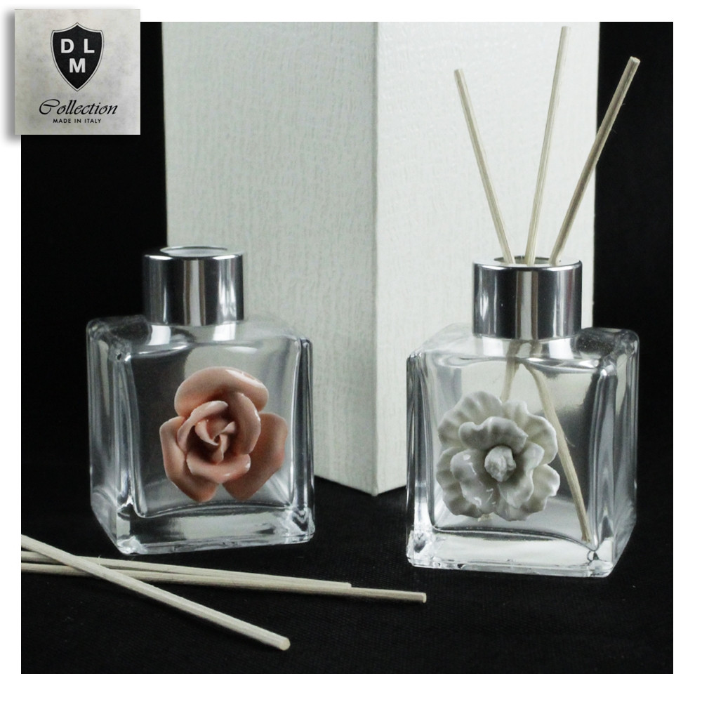 Profumatore in Vetro e Metallo con Rosa Fiore per Ambienti Profumo Battesimo Matrimonio Comunione