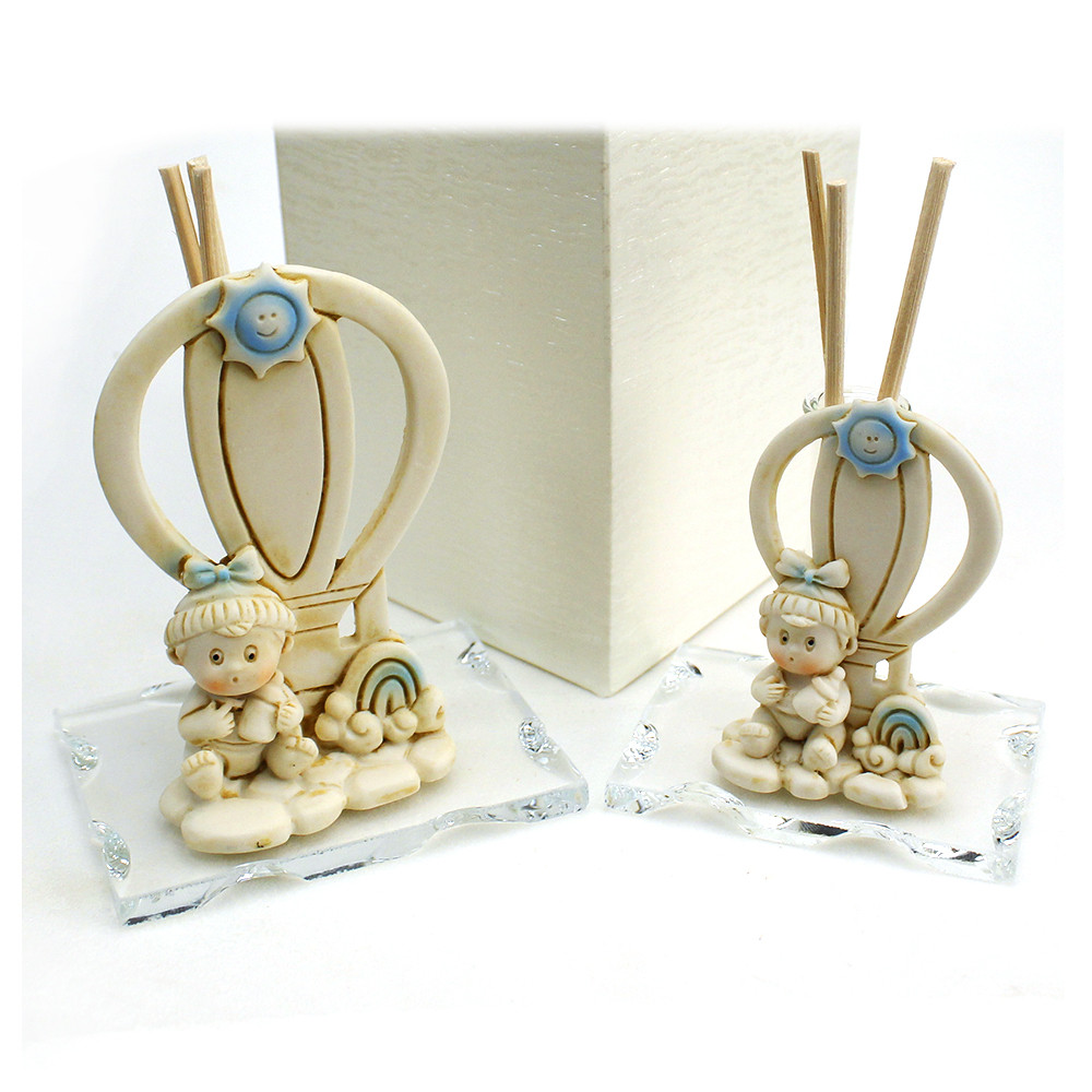 Profumatore in vetro e Resina Mongolfiera Bimbo Neonato Azzurro Battesimo Comunione Diffusore Profumo Ambienti_5x7x7