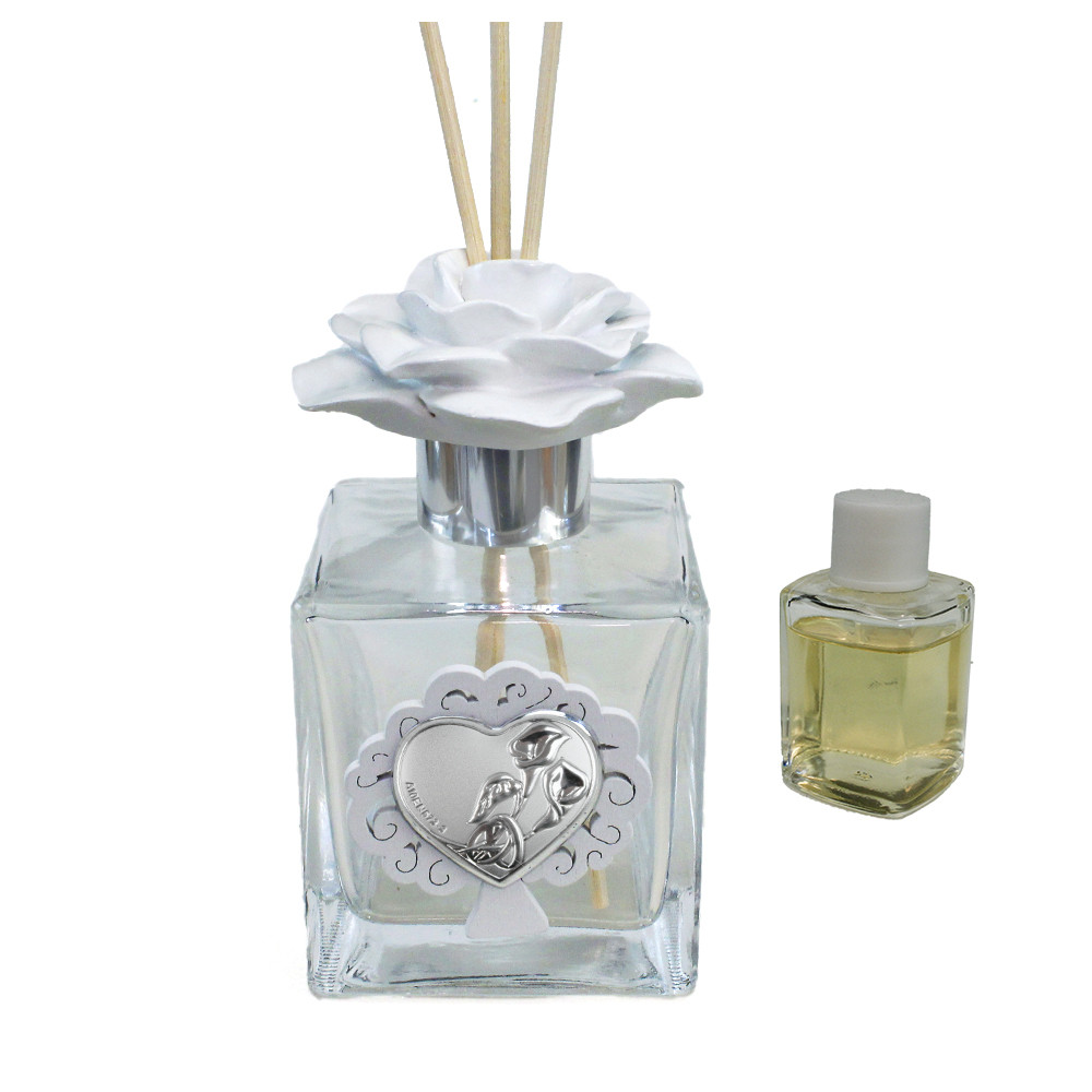 Profumatore in Vetro Fiore e Icona Albero della Vita Life Tree Cuore Coppia Fedi Nuziali Nozze Matrimonio Diffusore Ambienti