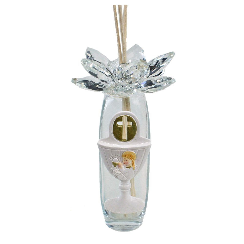 Profumatore in Vetro Fiore in Cristallo Calice Comunione Crocifisso e Bambina in preghiera Diffusore