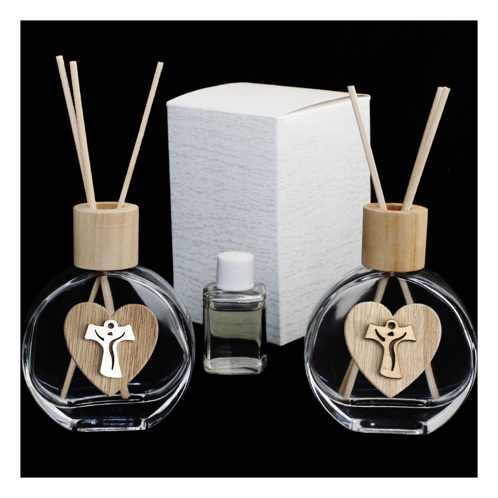 Profumatore in Vetro Legno con Cuore Croce Tau Crocetta Diffusore per Ambienti Profumo