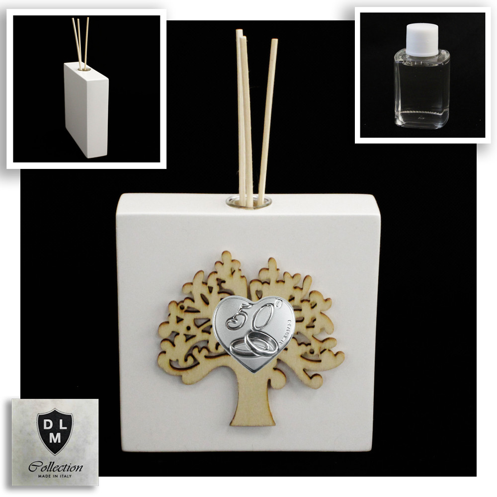 Profumatore Moderno in Legno Bianco Albero della Vita Matrimonio e Coppia Fedi 50 Anniversario D'oro Cinquantesimo Shabby Chic Diffusore Profumo