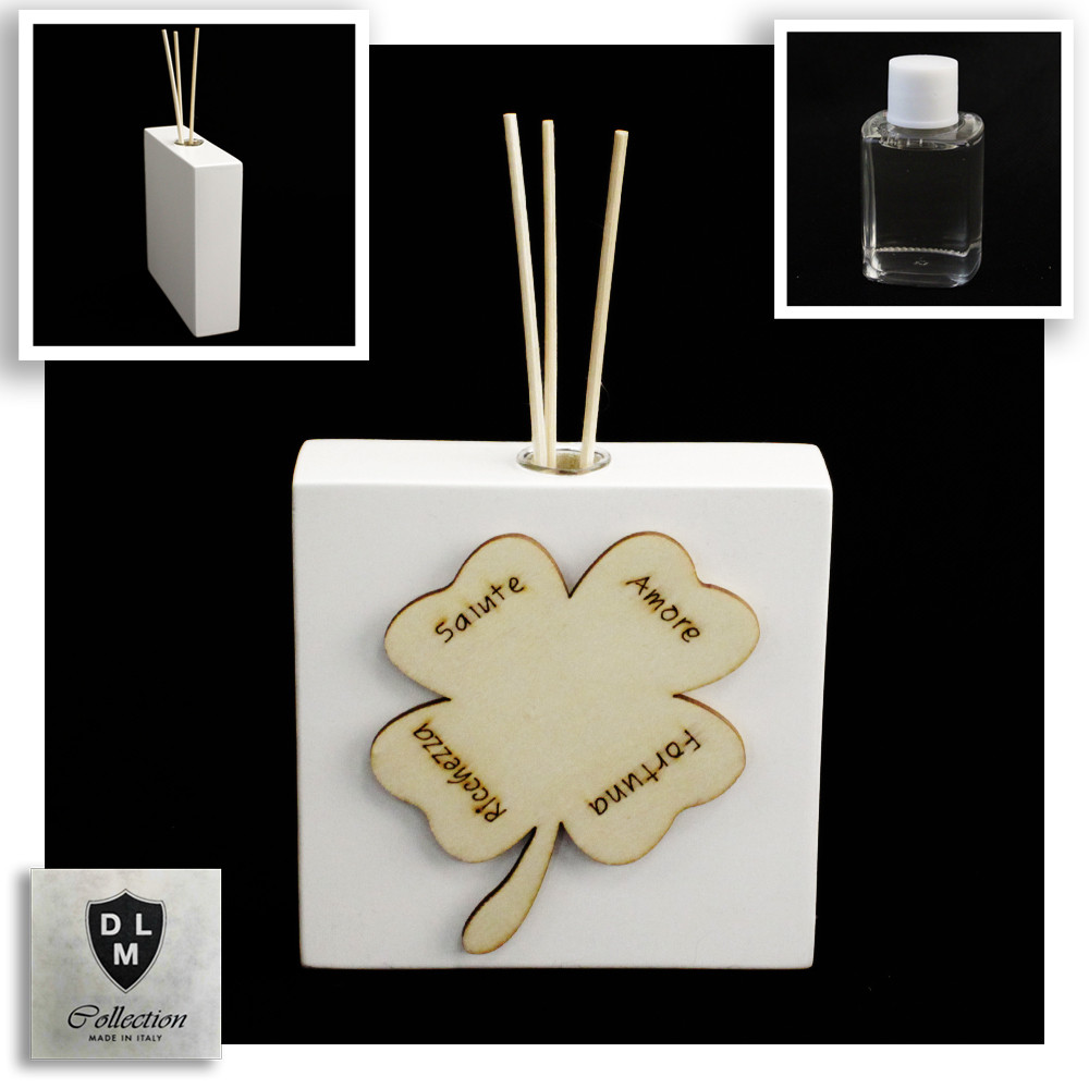 Profumatore Moderno in Legno Bianco con Quadrifoglio Portafortuna Shabby Chic Diffusore Profumo