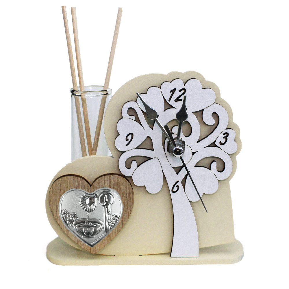 Profumatore Orologio con Albero della Vita in rilievo legno Cuore Battesimo Fonte Battesimale da Scrivania Diffusore