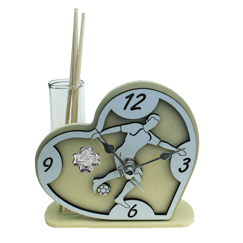 Profumatore Orologio Cuore con Calciatore Giocatore Calcio Football in legno Quadrifoglio 25 Compleanno Diffusore Profumo