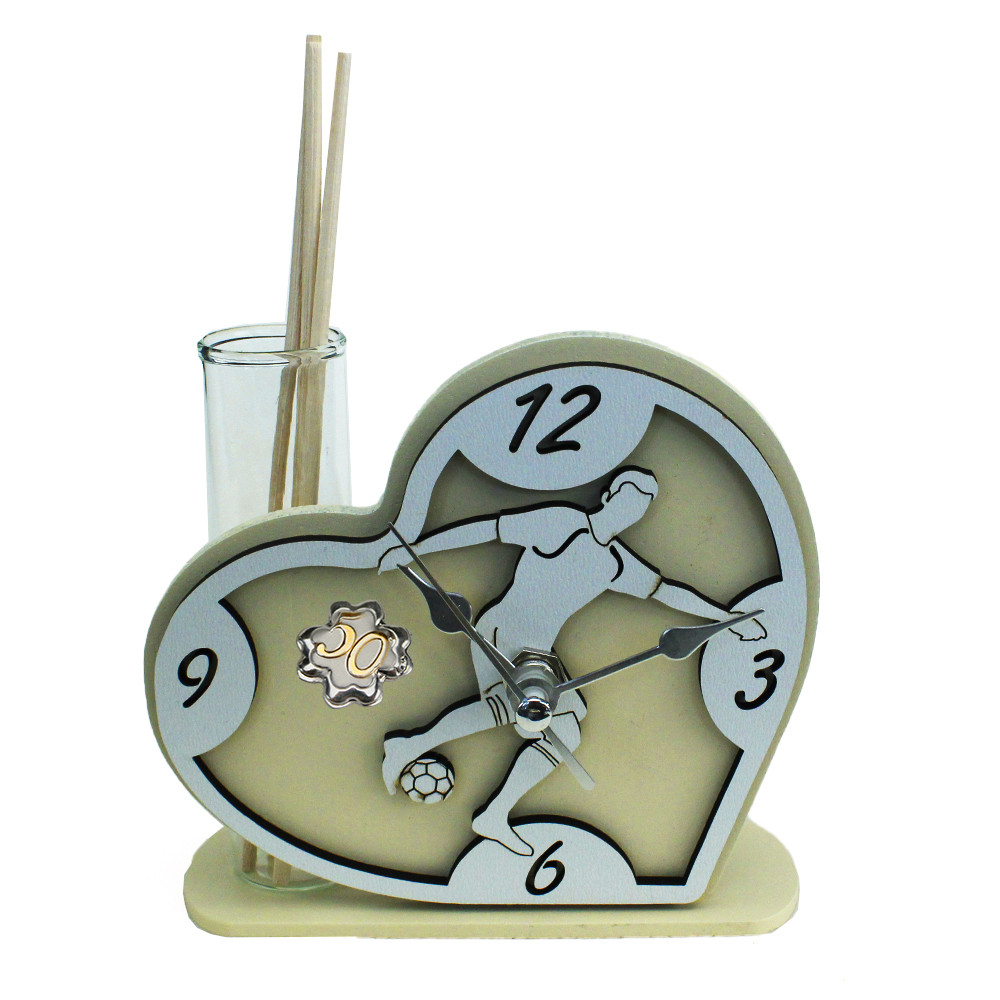 Profumatore Orologio Cuore con Calciatore Giocatore Calcio Football in legno Quadrifoglio 50 Compleanno Diffusore Profumo