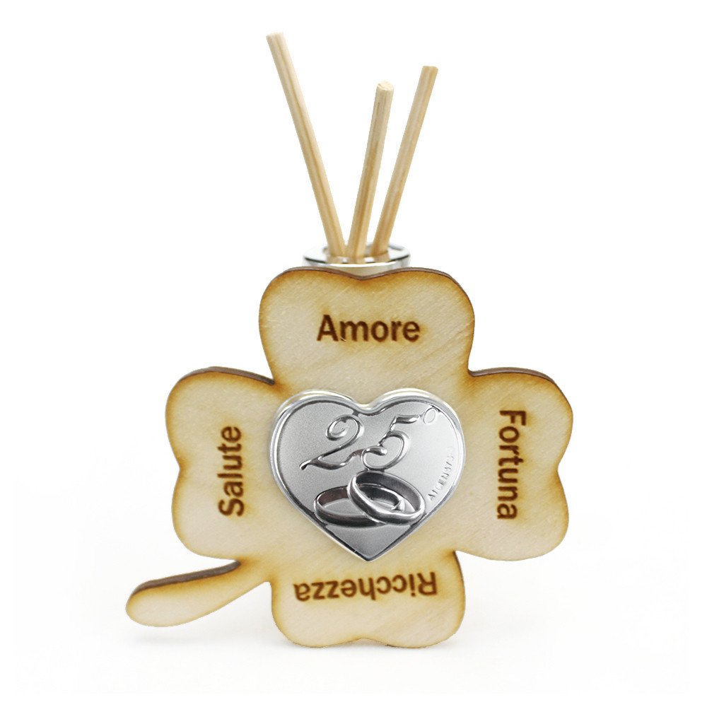 Profumatore Quadrifoglio in Vetro e Legno con Cuore Coppia Fedi 25 Anniversario Nozze d'Argento Venticinquesimo Battesimo Comunione