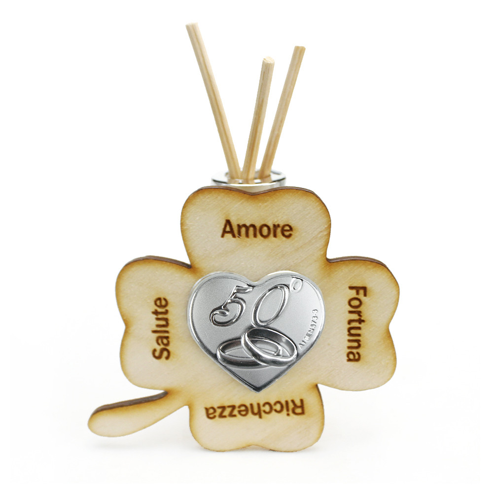 Profumatore Quadrifoglio in Vetro e Legno con Cuore Coppia Fedi 50 Anniversario D'oro Cinquantesimo Battesimo Comunione