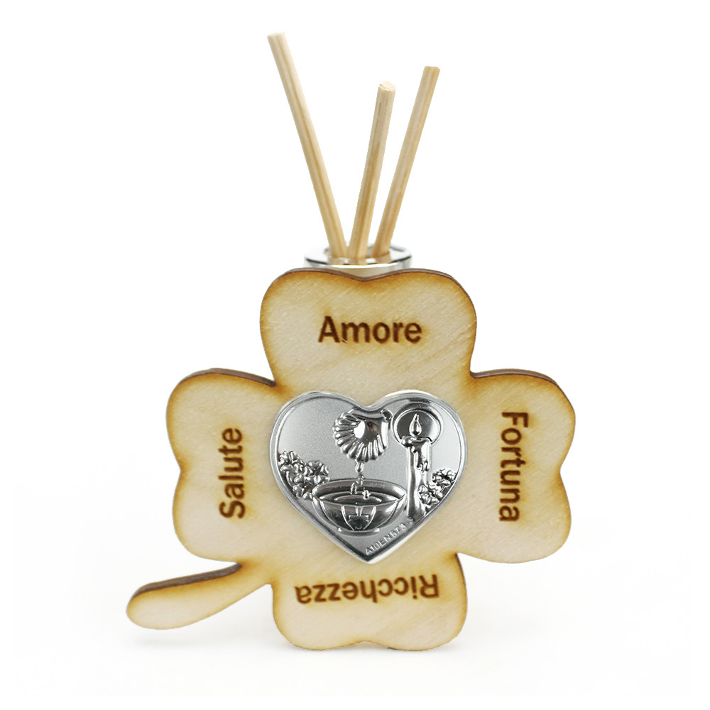 Profumatore Quadrifoglio in Vetro e Legno con Cuore per Battesimo Fonte Battesimale Diffusore