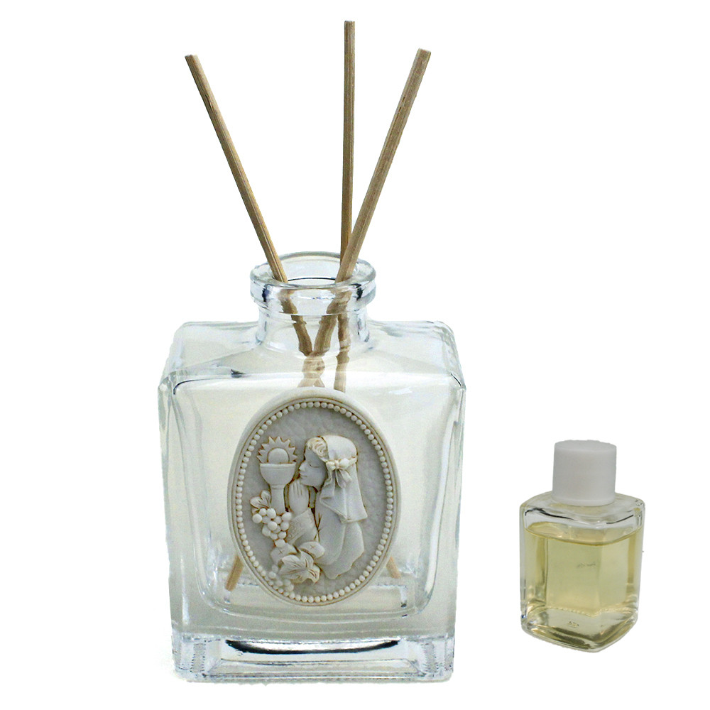 Profumatore Rettangolare in Vetro con Icona Medaglione Bimba Calice Prima Comunione Grappolo d'uva Vite Diffusore per Ambienti Profumo