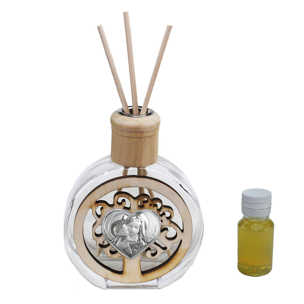 Profumatore Tondo in Vetro con Albero della Vita e Cuore Madonna con Bambino Comunione Matrimonio Battesimo Diffusore per Ambienti Profumo