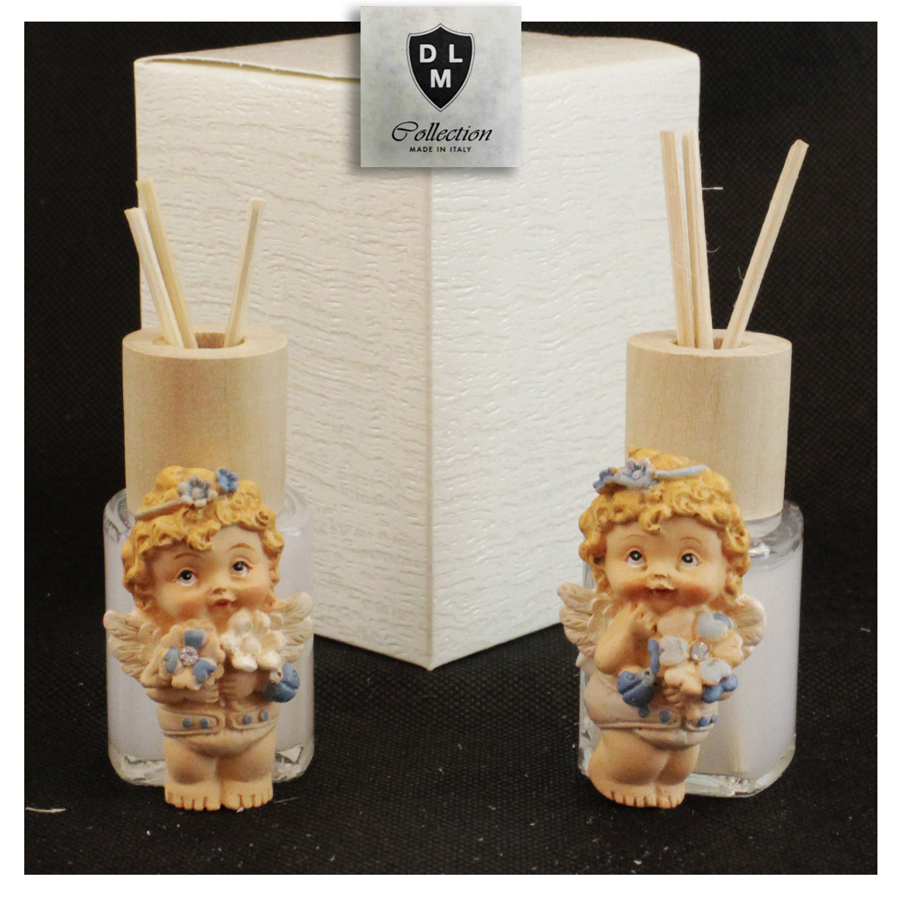 Profumatore Barattolo in Vetro e Legno con Angelo Angioletto Blu Bimbo Nascita Battesimo Compleanno Diffusore per Ambienti Profumo