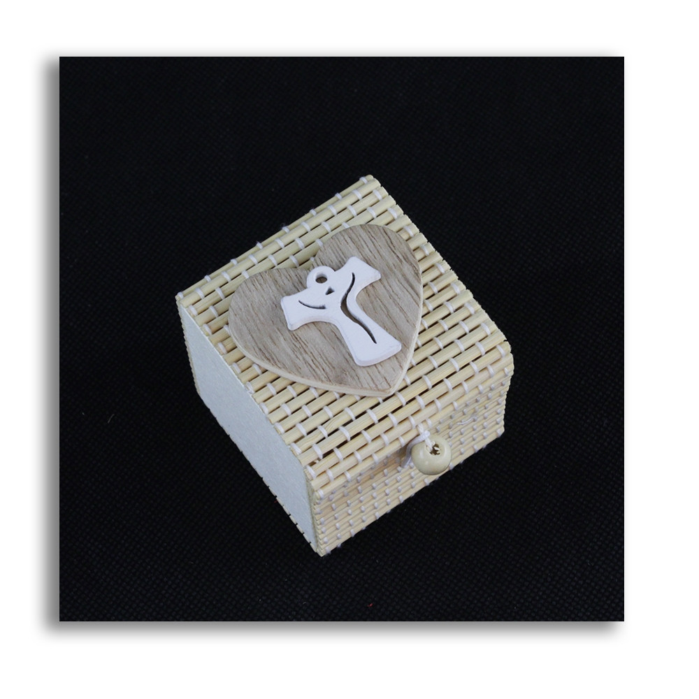Scatola in Bambu Cuore Icona in Legno Bianco Crocifisso Croce Tau Crocetta Portaconfetti Segnaposto