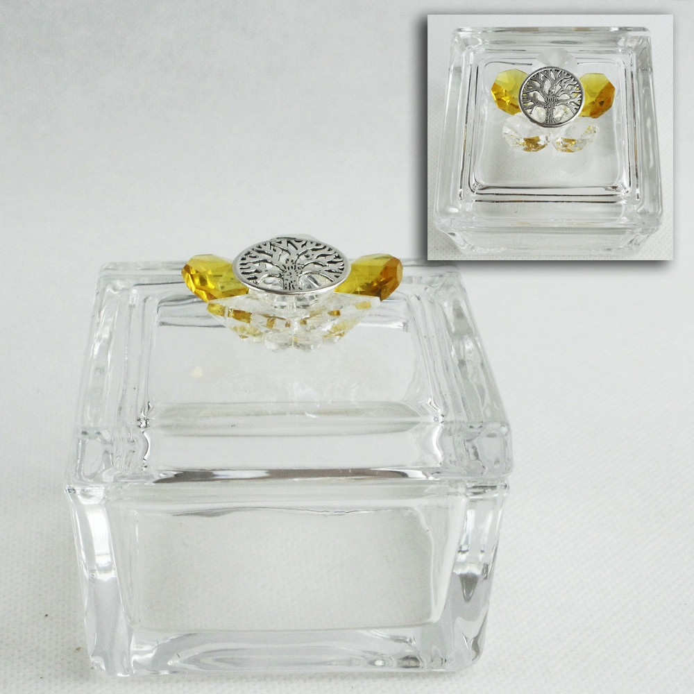 Scatola portagioie in vetro con Fiore in cristallo e Albero della Vita_Giallo