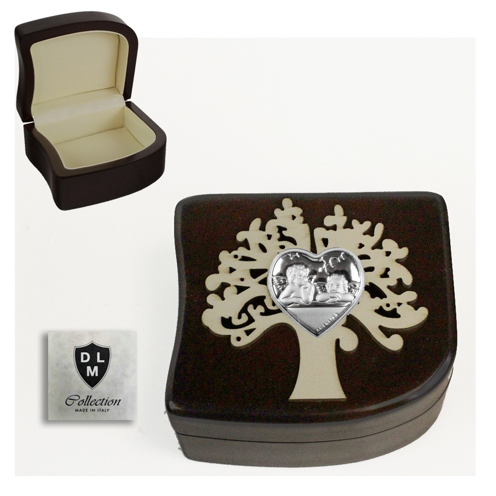 Scatola Portagioie Svuotatasche in Legno Albero della Vita Cuore con Coppia Angeli Angioletti Puttini Life Tree Matrimonio Comunione