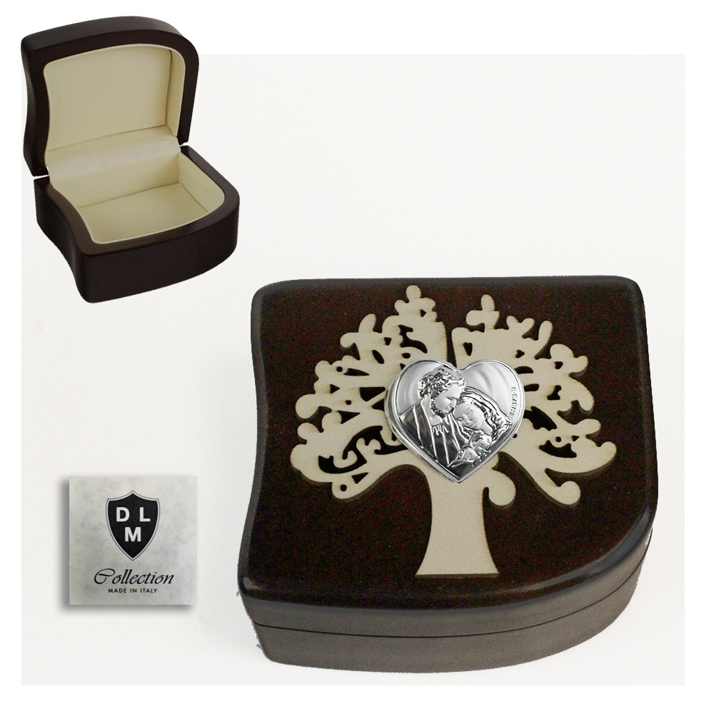 Scatola Portagioie Svuotatasche in Legno Albero della Vita Cuore con Sacra Famiglia Life Tree Matrimonio Battesimo Comunione