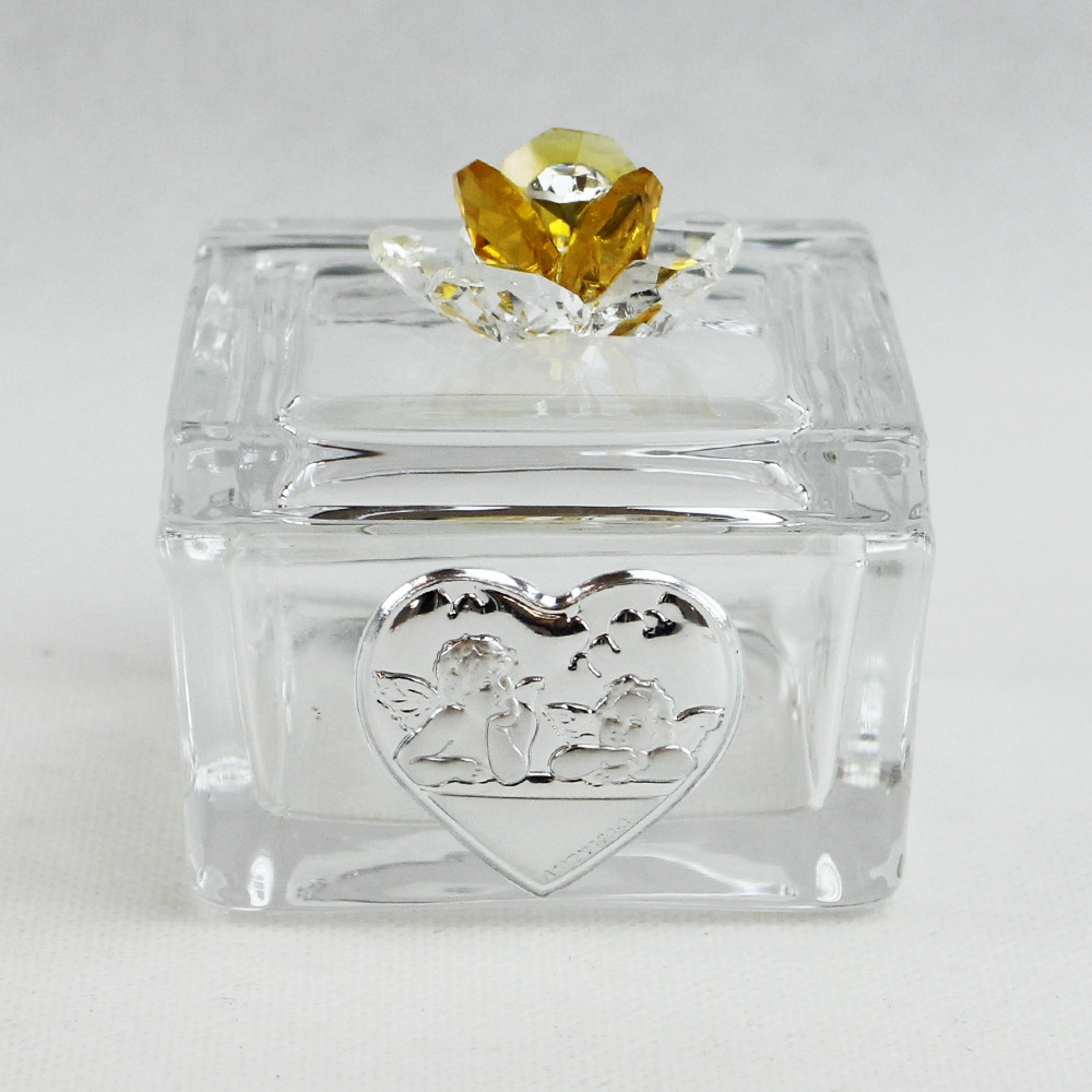 Scatolina Portagioie in vetro Portaconfetti con fiore in cristallo Angeli Angioletti_Giallo
