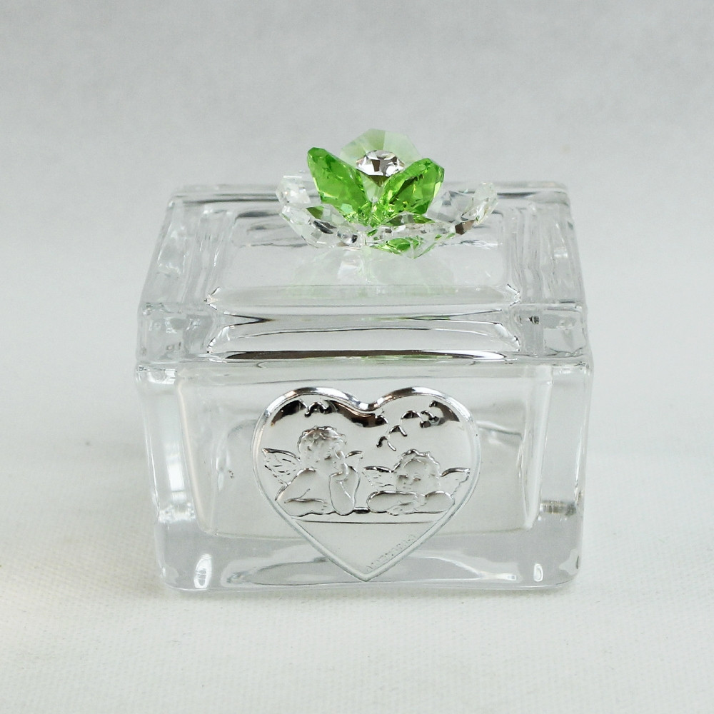 Scatolina Portagioie in vetro Portaconfetti con fiore in cristallo Angeli Angioletti_Verde