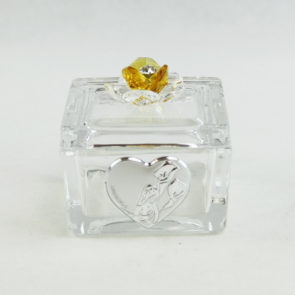 Scatolina Portagioie in vetro Portaconfetti con fiore in cristallo Fedi Nozze Matrimonio_Giallo
