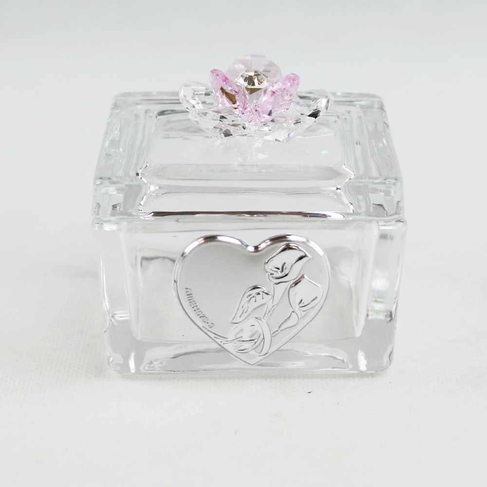 Scatolina Portagioie in vetro Portaconfetti con fiore in cristallo Fedi Nozze Matrimonio_Rosa