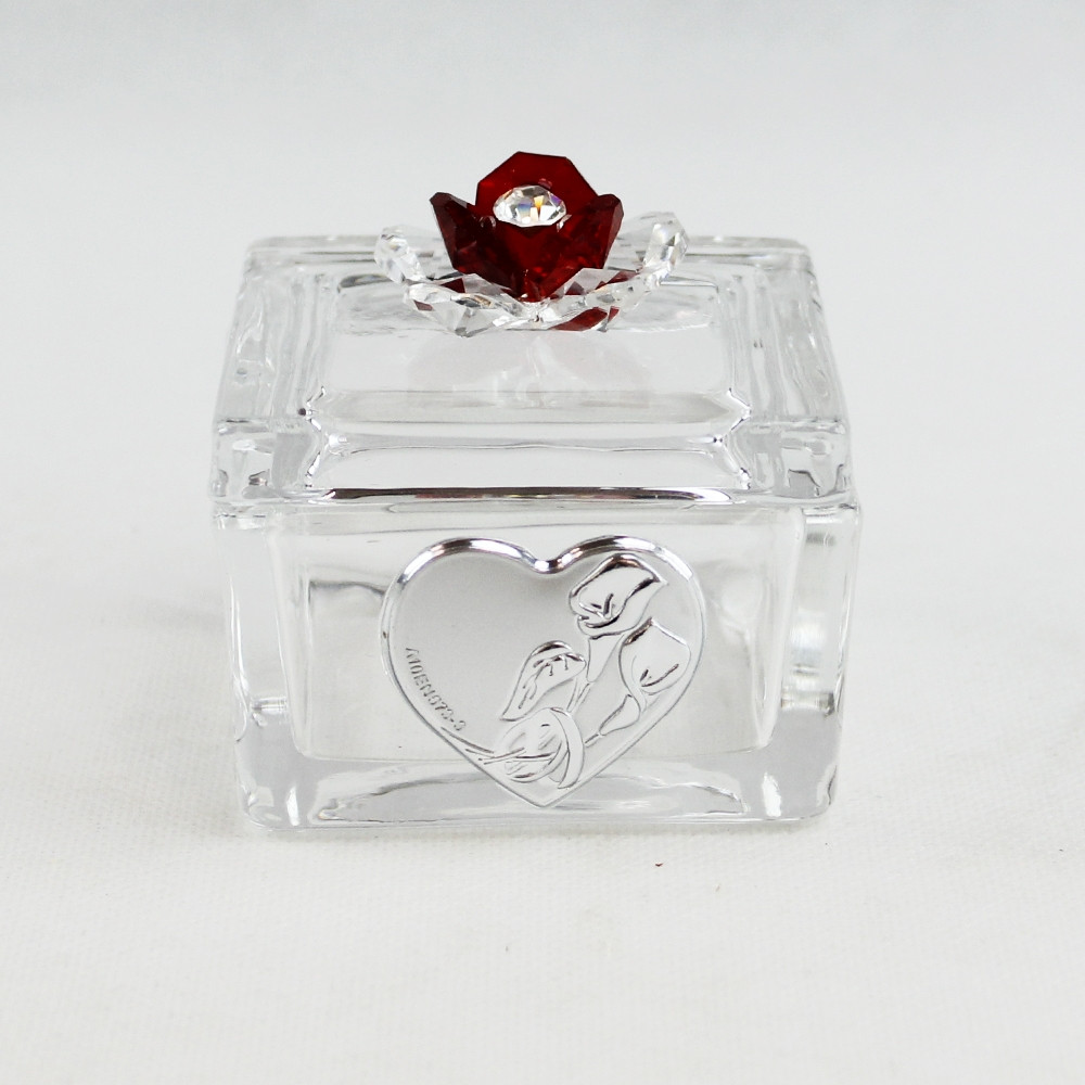 Scatolina Portagioie in vetro Portaconfetti con fiore in cristallo Fedi Nozze Matrimonio_Rosso