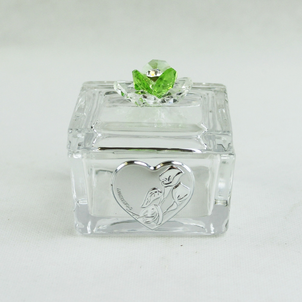 Scatolina Portagioie in vetro Portaconfetti con fiore in cristallo Fedi Nozze Matrimonio_Verde