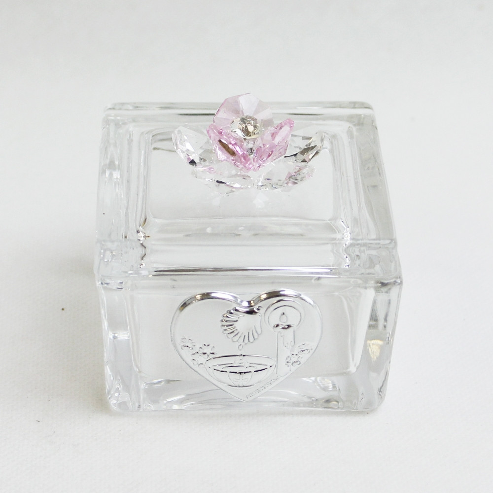 Scatolina Portagioie in vetro  Portaconfetti con fiore in cristallo per Battesimo_Rosa