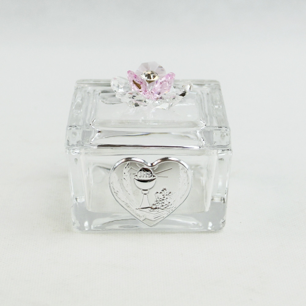 Scatolina Portagioie in vetro Portaconfetti con fiore in cristallo per Comunione_Rosa