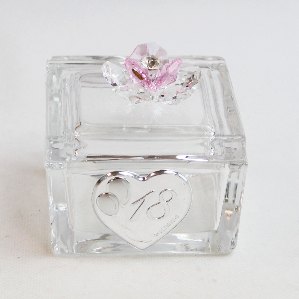 Scatolina Portagioie in vetro  Portaconfetti con fiore in cristallo 18 Diciottesimo Compleanno_Rosa