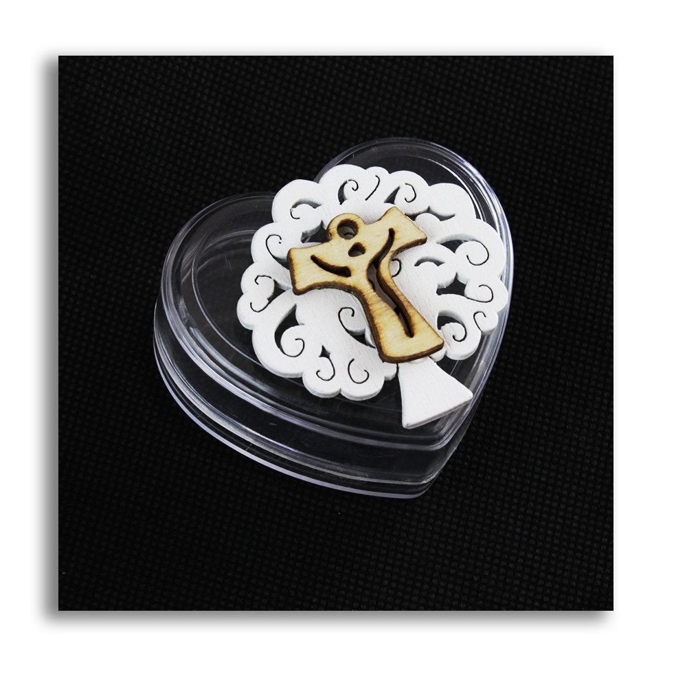 Scatolina Cuore Plexiglass Albero della vita Crocifisso Croce Tau Crocetta Portaconfetti Confettata 