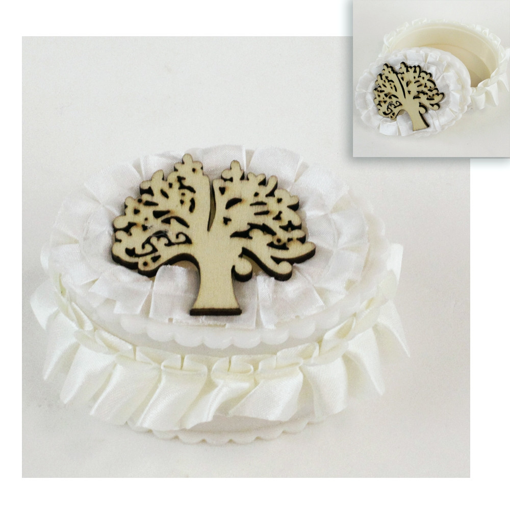 Scatolina in plastica ovale Albero della vita in legno e raso bianco