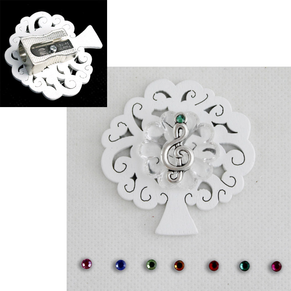 DLM Calamita Bomboniera Albero Della Vita Con Blasone In Cristallo E Chiave Di Violino - Segnaposto Musicale, 5cm