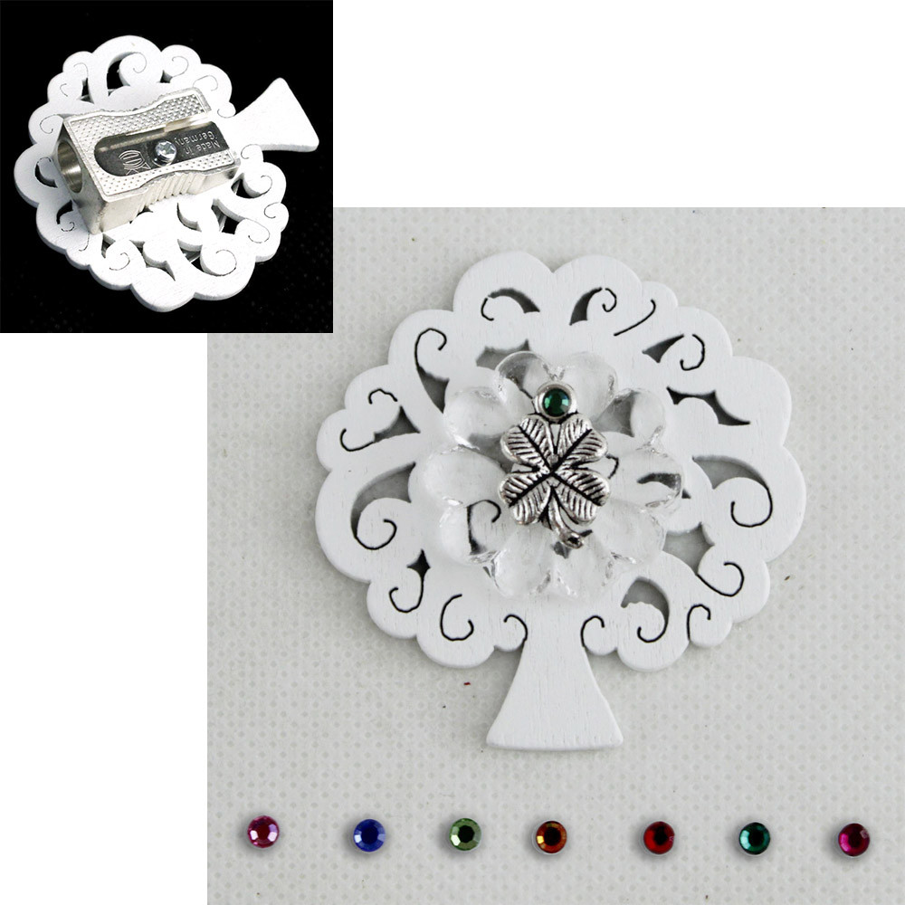 Temperamatite Albero della Vita e Blasone in Cristallo Quadrifoglio Portafortuna Temperino Confettata Segnaposto