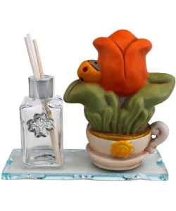 Profumatore in vetro con albero della vita e fiori in porcellana girasole tulipano e quadrifoglio con coccinella portafortuna 