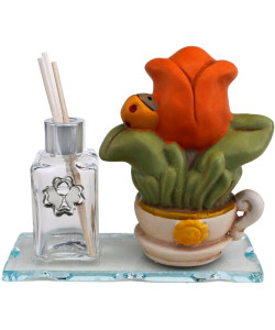  Profumatore in vetro per prima comunione con fiori in porcellana girasole tulipano e quadrifoglio e coccinella portafortuna