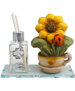 Profumatore in vetro per 18 Compleanno con fiori in porcellana girasole tulipano e quadrifoglio e coccinella portafortuna