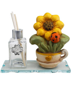 Profumatore in vetro per 25 anniversario di Matrimonio con fiori in porcellana girasole tulipano e quadrifoglio e coccinella portafortuna